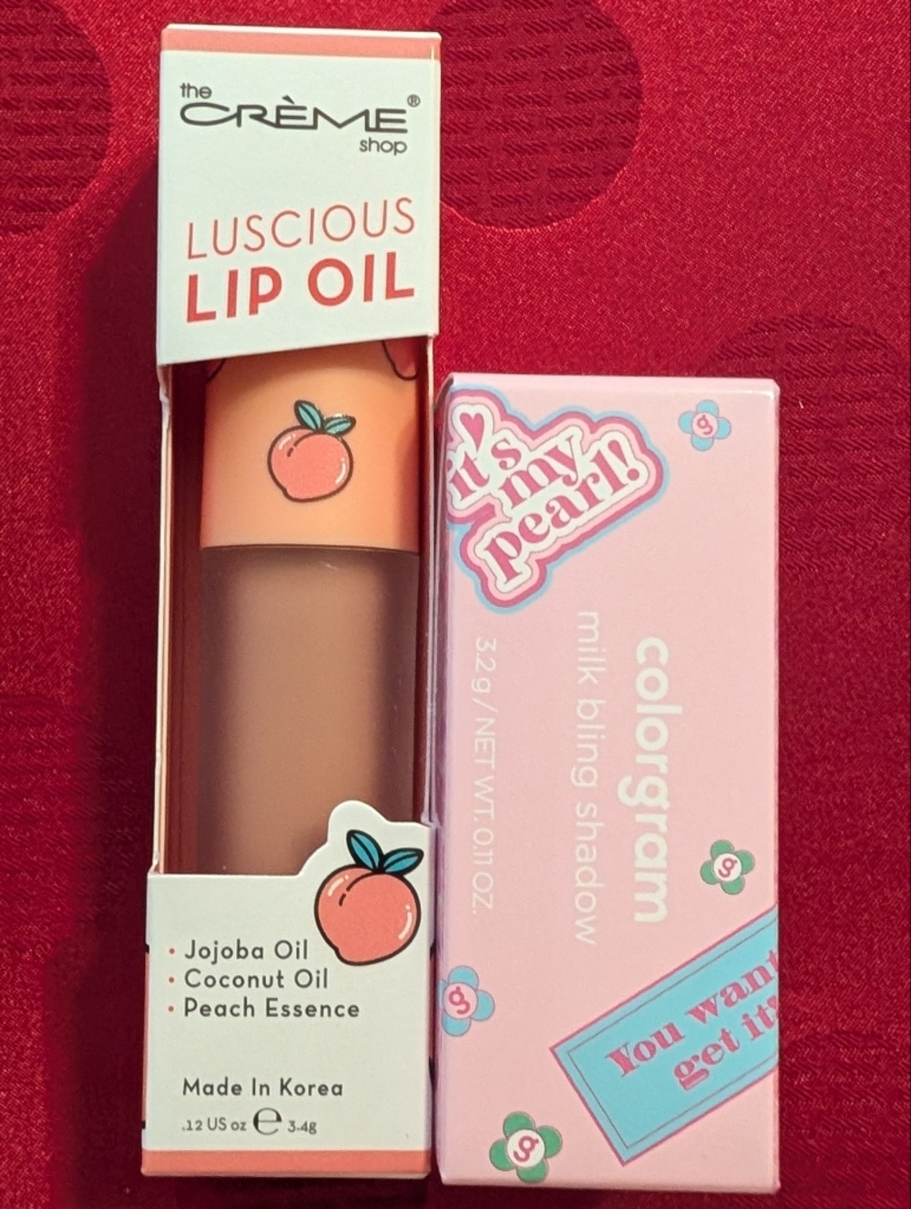 The Crème Shop Luscious Lip Oil in Peach Cobbler & Colorgram Milk Bling Shadow